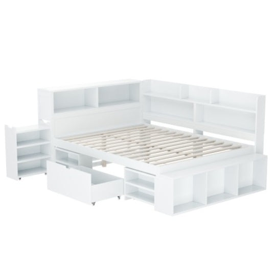 UK Local Children's Bed, Double Bed-4ft6  135x190cm  Multifunctional Children's Bed With Drawers, Bookcase And Storage Cupboard, Large Storage Space, Slatted Frame, Without Mattress, White
