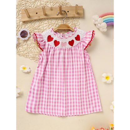 US Local Infant Baby Girls' Valentine's Day Dress Pink Plaid With Heart Embroidery, Smocked Ruffle Sleeves