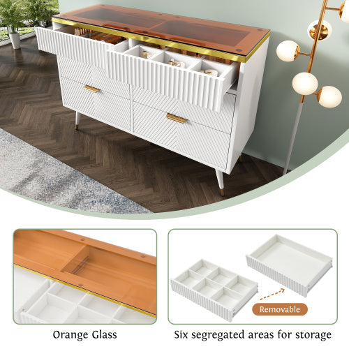 UK Local Sideboard Cabinet Dresser With 6 Drawers,Amber Glass Chest Of Drawers, Compartmentalised Storage,Anti-tip,Dressing Table For Living Room, Hallway, Bedroom, And Children's Room, 120 X 40 X 76 Cm, White
