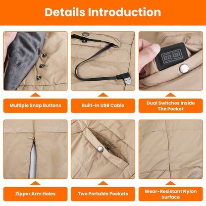 US Local USB Heated Blanket Electric Heated Poncho Shawl Wrap Throw With Zipper Arm Holes Pocket 3 Heating Levels 6 Zones 5V 2A Machine Washable For Home Office Outdoor