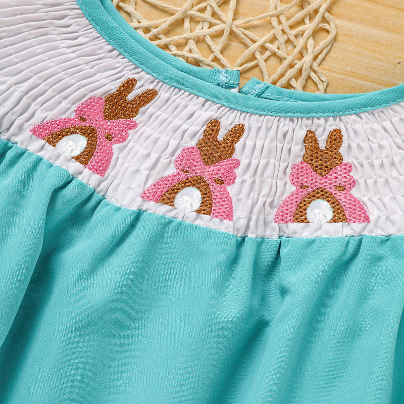 US Local Baby Girl Comforable Bunny Romper Set, Bubble Sleeve Onesie With Bow Rabbit Embroidery