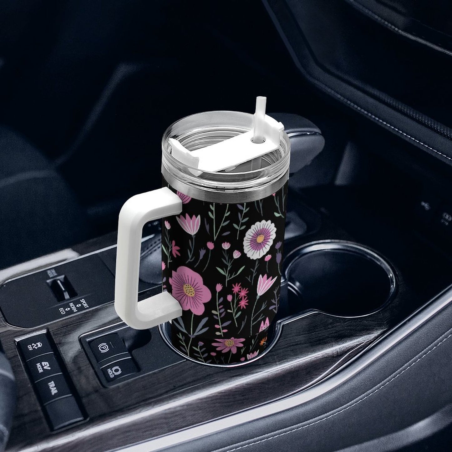 PHDT00211 POD US Local Tumbler 40oz Large Capacity Car Cup Flower Branches, Pink, Black