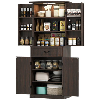 US Local 71 LED Kitchen Pantry Cabinet, Farmhouse Storage Cabinet With Door Shelves, Distressed Brown