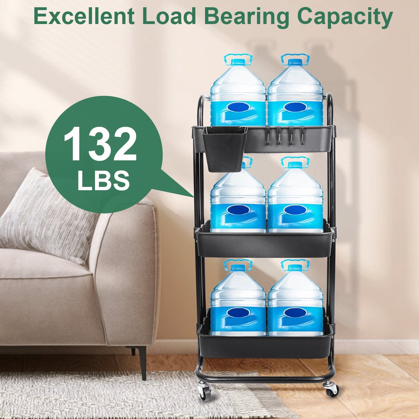 US Local Black-White Color Options 1Pc 3 Tier Rolling Utility Cart Movable Storage Organizer With Mesh Baskets Lockable Wheels 360 Degree Rotatable Hanging Box Hooks Bedroom Bathroom Kitchen