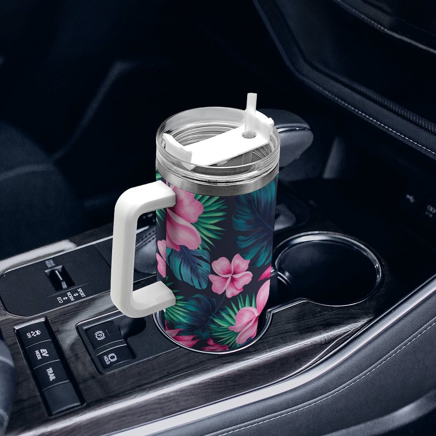 PHDT00035 POD US Local Tumbler 40 oz Large Capacity Car Cup Pink, Petals, Monstera Leaves