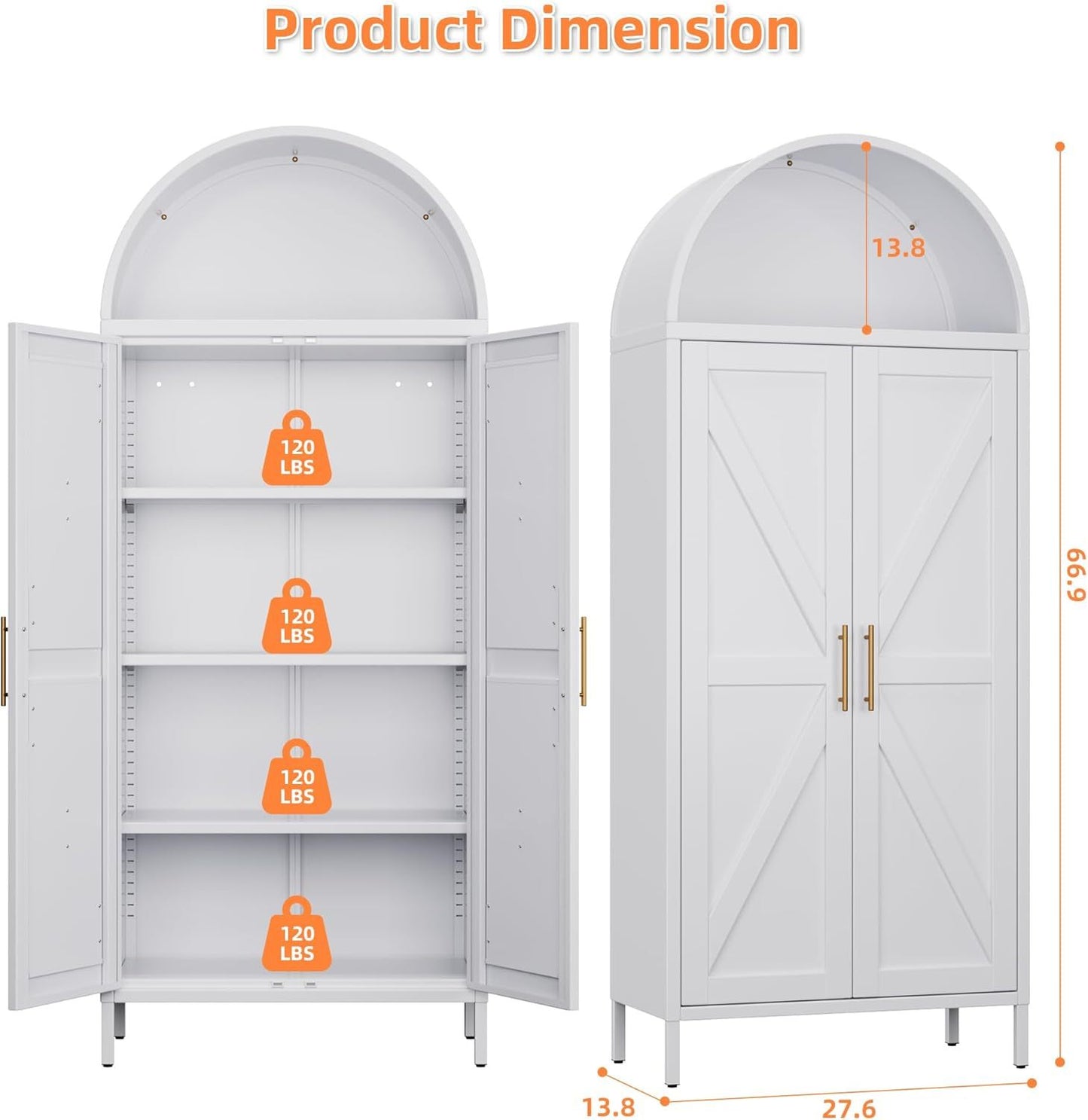 US Local Kitchen Pantry Cabinet, 67in Tall Arched Storage Cabinet With Doors And Shelves, White Freestanding Cupboard For Laundry, Dining Room, Living Room, Bathroom