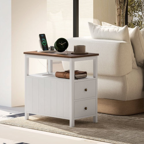 US Local HOMCOM Modern End Table With Charging Station And USB Ports, Narrow Side Table With Drawers & Shelf For Living Room, White