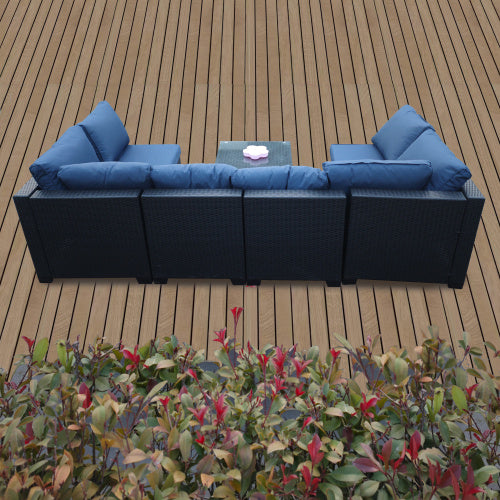 US Local Seven-Piece Sofa Set Table With Sofa Chair Black PE Rattan Outdoor Furniture 7-JH001 Box 3-1-2-3 With Blue Color Cushion