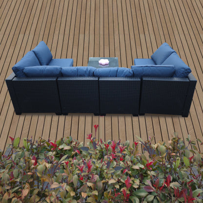 US Local Seven-Piece Sofa Set Table With Sofa Chair Black PE Rattan Outdoor Furniture 7-JH001 Box 3-1-2-3 With Blue Color Cushion