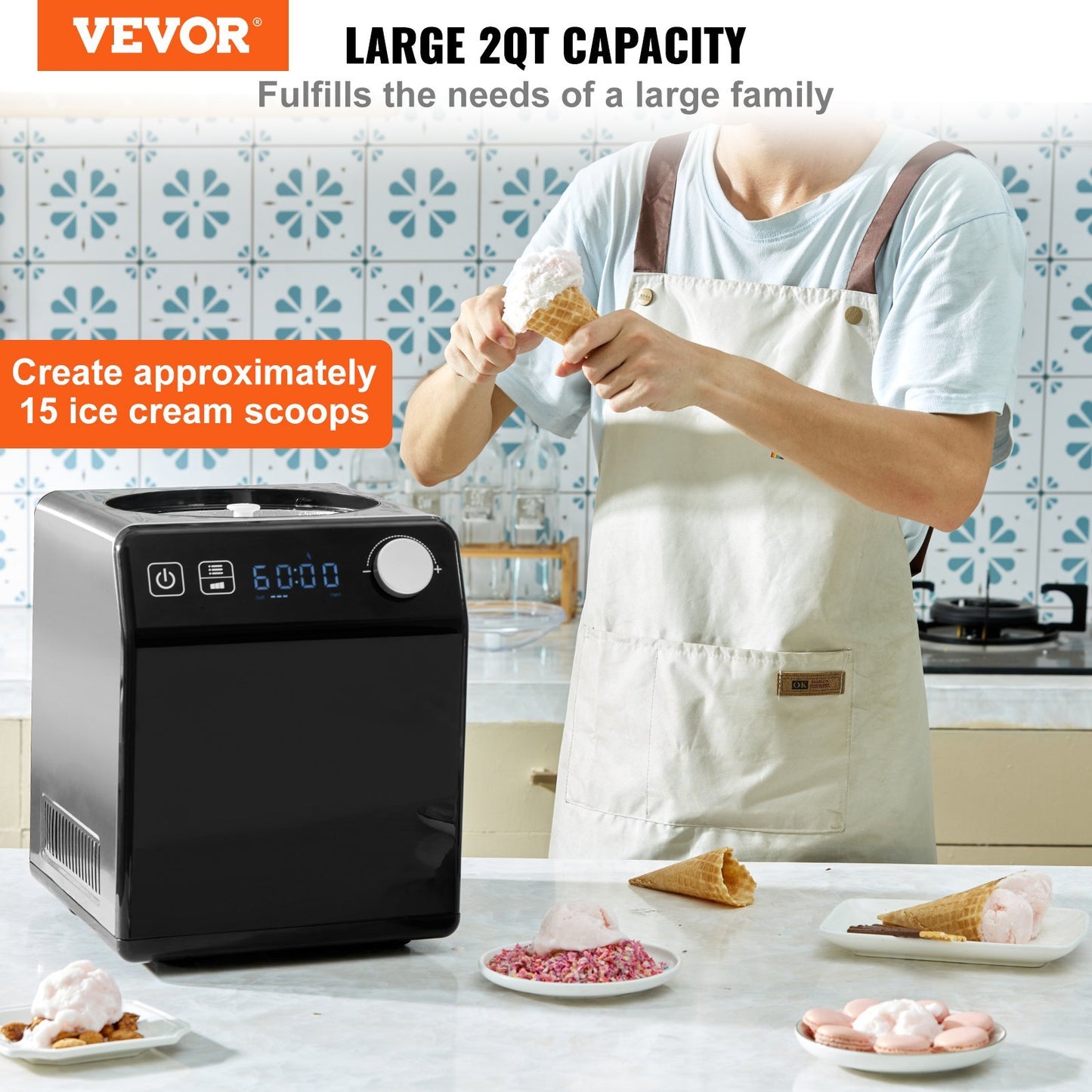 Upright Automatic Ice Cream Maker With Built-in Compressor, 2 Quart No Pre-freezing Fruit Yogurt Machine, Stainless Steel Electric Sorbet Maker, 4 Modes Gelato Maker With Digital Display  Timer