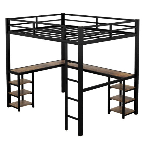 US Local Full XL Metal Loft Bed With Desk And Shelves, Loft Bed With Ladder And Guardrails, Loft Bed Frame For Bedroom, Black