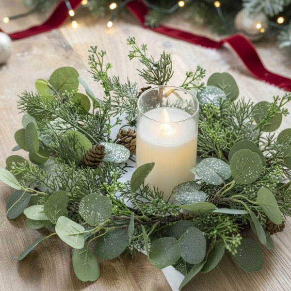 US Local 2PCS Set Christmas Wreath Eucalyptus Candle Rings 14.2in Green Artificial Plants Home Door Decor Holiday Wall Pendant FBA Shipment