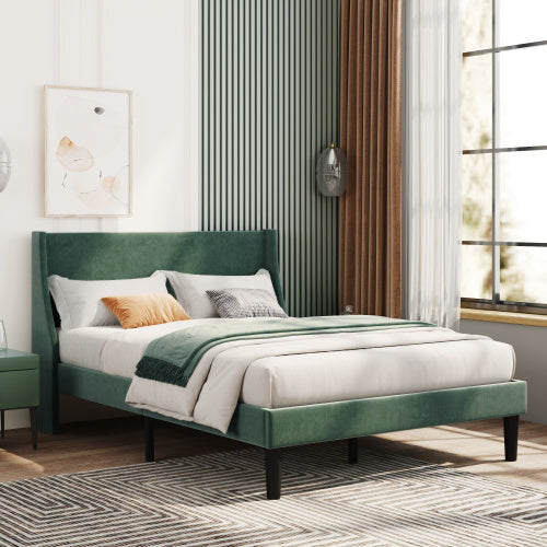 UK Local Double Bed Velvet Dark Green 4FT6 Upholstered Bed With Winged Headboard, Wood Slat Support