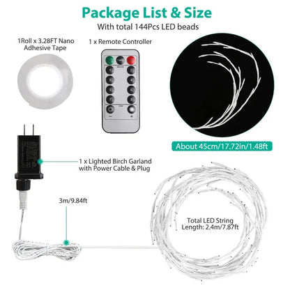 US Local Lighted Birch Garland 7.87FT Lighted Twig Vine Lights 144LED Birch Garland With Lights String Light With Timer 8 Modes IP45 Waterproof For Christmas Fireplace Home Decoration