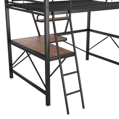 US Local Full Size Loft Metal&MDF Bed With Desk And Shelf, Black