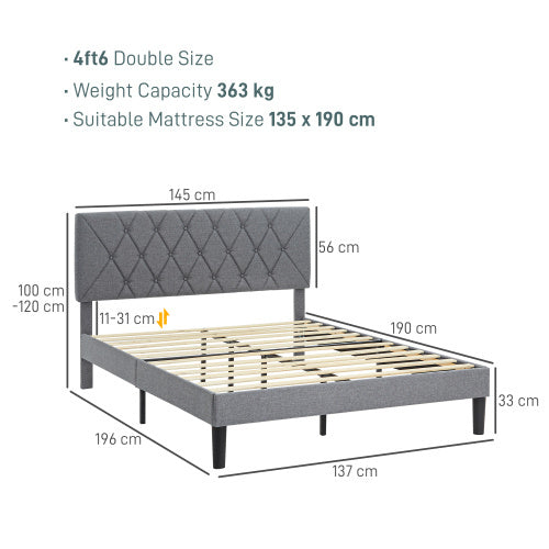 UK Local HOMCOM Double Bed Frame With 5-Level Adjustable Linen Upholstered Headboard, Wooden Slats Mattress Foundation, No Box Spring Needed, Grey