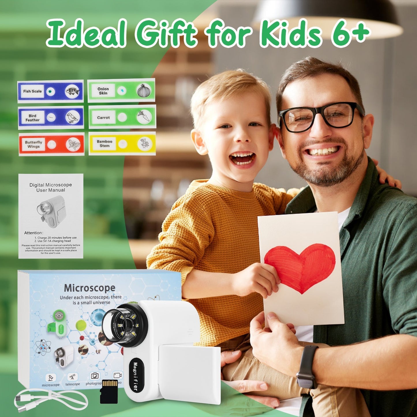 US Local 1Pc 3 In 1 Kids Microscope Telescope Camera 1,000X Handheld USB Mini Microscope With LED Light 6 Sample Slides 32G MMC Card For Boys Girls Aged 6 Years Old