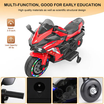 US Local Kids Powered Ride-ons Toy, Kids Motorcycle For 3-6Years, 12V Electric Ride On Motorcycle With Light Wheel & Bluetooth Music-Red