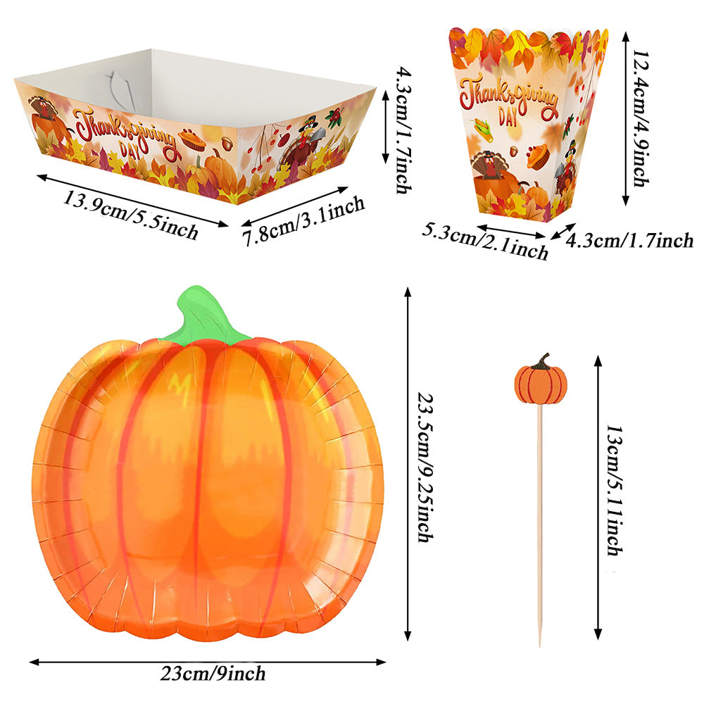 134 Pcs Thanksgiving Party Tableware Set Include Pumpkin Paper Plates Popcorn Boxes Food Trays With Fall Cocktail Picks Disposable Fall Harvest Dinnerware Set For Autumn Holiday Thanksgiving