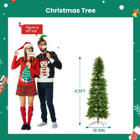 US Local Pencil Christmas Tree, Prelighted Artificial Slim Christmas Trees With 250 Incandescent Lights, 571 Branch Tips & Foldable Base