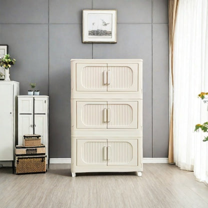 US Local Cream White 19.69 Side Wide Folding Storage Cabinet ,3 Tiers,19.69x11.81x31.1,Collapsible Storage Bins With Magnetic Door, Plastic Storage Cabinet With Wheels