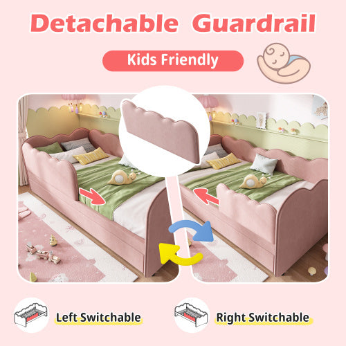 UK Local Upholstered Bed Daybed 90 X 190 Cm, 3FT Single Bed With Pull Out Trundle, Sofa Bed For Adults And Children, Single Daybed With Slatted Frame, Velvet, Pink No Mattress