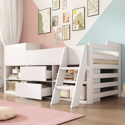 UK Local Cabin Bed Mid Sleeper Bed Frame Storage Kids Wooden Bed With Drawers Shelf Storage Low Sleeper Bed 3ft Single Children's White Wooden Bed - 3ft Single 90 X 190 Cm Frame Only