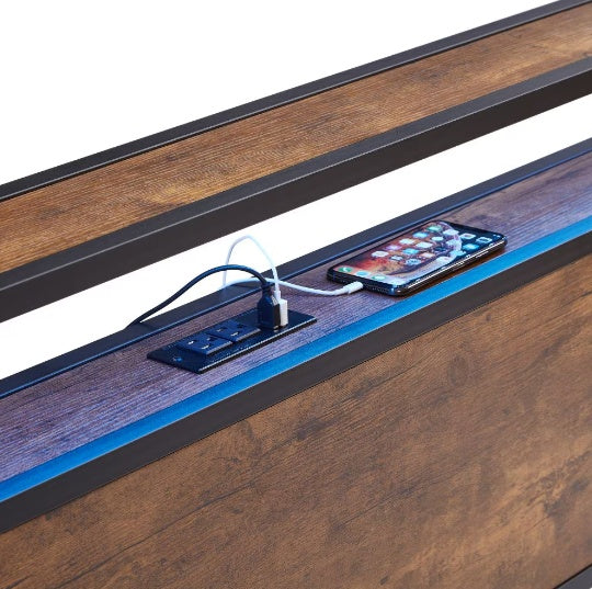 US Local King Size Metal Platform Bed Frame With Wooden Headboard And Footboard With USB LINER