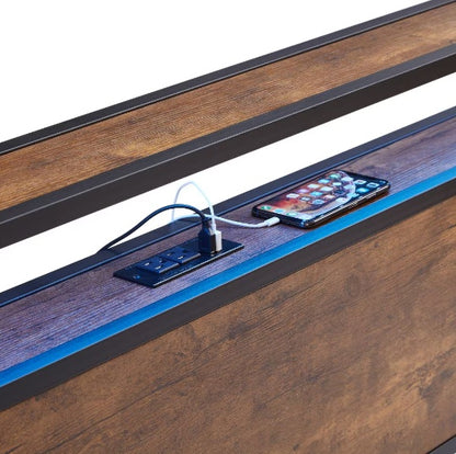 US Local King Size Metal Platform Bed Frame With Wooden Headboard And Footboard With USB LINER