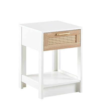 US Local 15.75 Rattan End Table With Drawer, Modern Nightstand For Bedroom, White