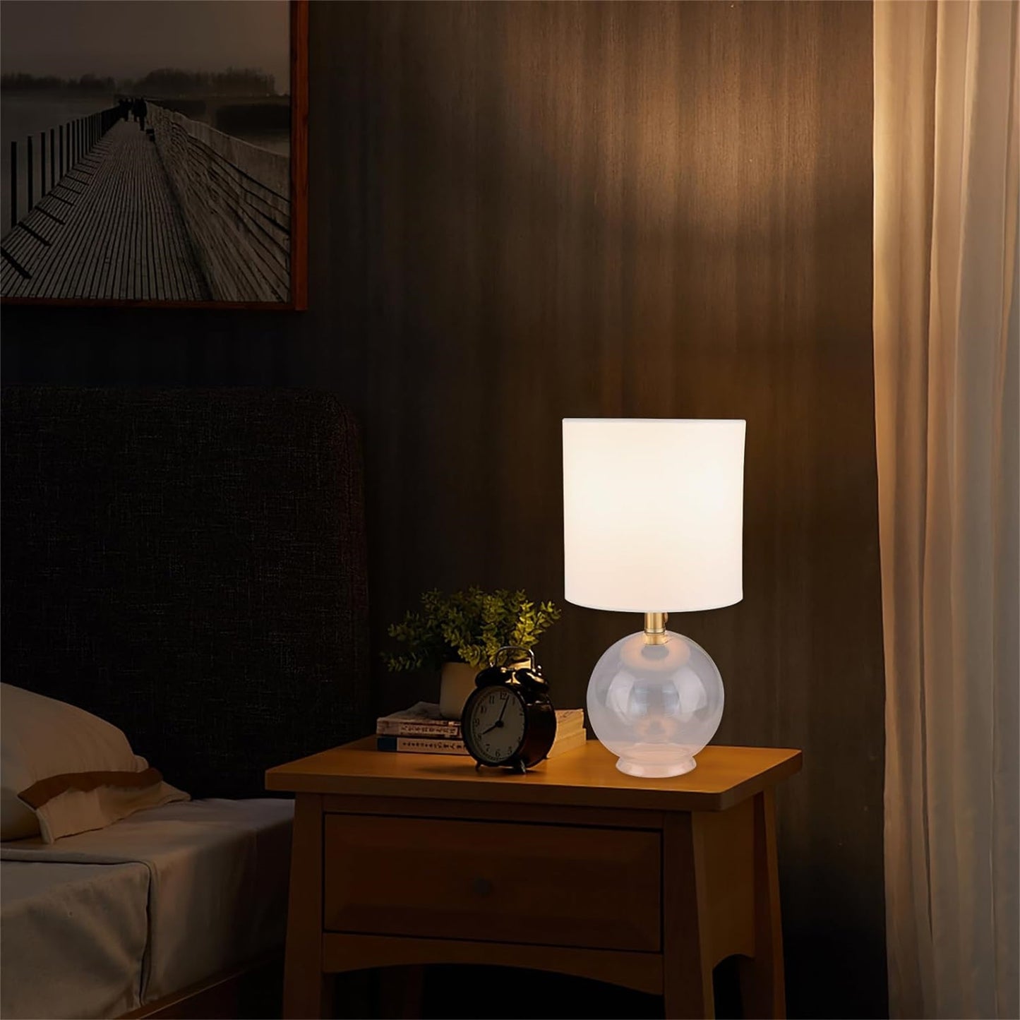 US Local Small Table Lamp For Bedroom Glass Bedside Lamps For Nightstand, Minimalist Night Stand Light Desk Lamp With Cylindric Fabric Shade