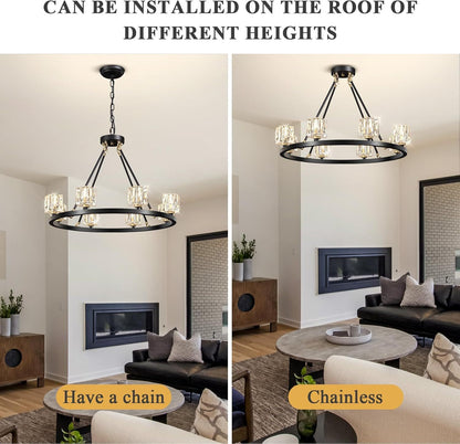 US Local Black Wagon Wheel Chandelier, 8-Light Farmhouse Crystal Chandeleirs With Adjustable Height,Ceiling Hanging Light Fixture Pendant Lights For Living Room,Bedroom,Kitchen Island,Dining Room,Bedroom