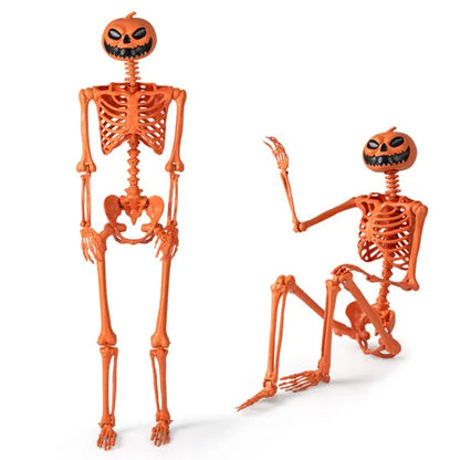 US Local 5.5ft Life-Size Halloween Skeleton With Pumpkin Head - Orange Color, Fully Poseable Joints Jaw Shoulders Knees , PP PE Material
