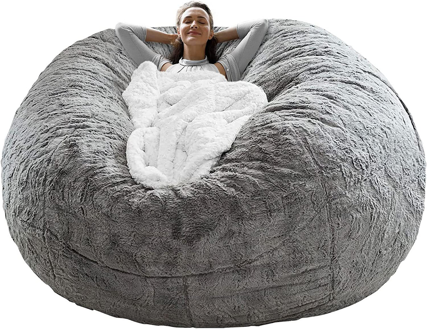 USA Local Bean Bag Chair Coverit Was Only A Cover, Not A Full Bean Bag Chair Cushion, Big Round Soft Fluffy PV Velvet Sofa Bed Cover, Living Room Furniture, Lazy Sofa Bed Cover,6ft Light Grey