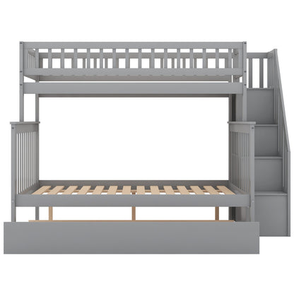 US Local Twin Over Full Bunk Bed With Trundle And Staircase,Gray