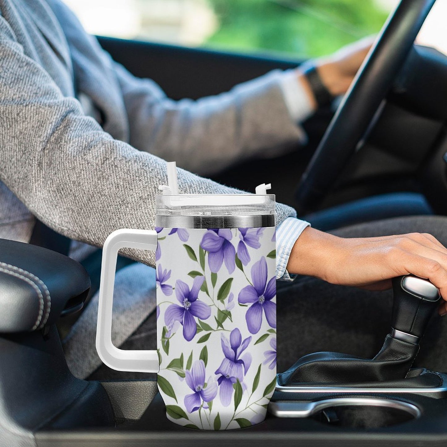 PHDT00037 POD US Local Tumbler 40 oz Large Capacity Car Cup Purple, Flowers, Green Leaves
