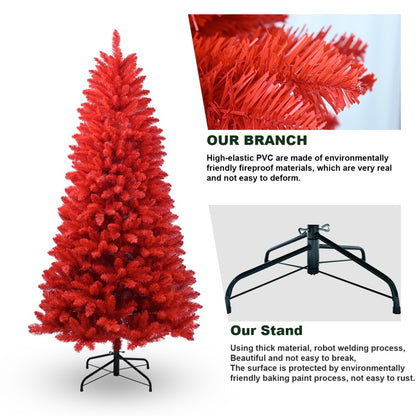 US Local 6 ft Red Artificial Christmas Tree Halloween Tree With Metal Foldable Stand, Full Artificial Christmas Tree With 804 Branch Tips, Easy To Assemble, Indoor Holiday Decoration