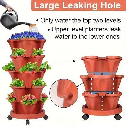 US Local 16 Pieces 5-Layer Stackable Flower Pots Vertical Garden Flowers Herbs Strawberry Vegetables Durable Plastic With Mobile Wheels Indoor And Outdoor Flower Pots