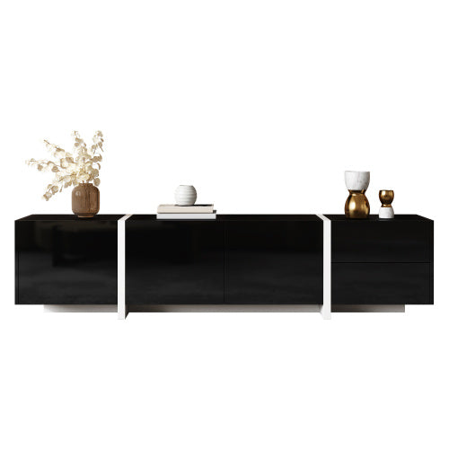 UK Local TV Cabinet, Black High-gloss Cabinet And White Contrasting Table Legs, With Simple Cabinet Doors And Drawers.