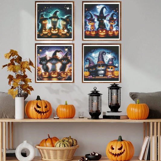 US Local 4-Piece Black Cat Diamond Painting Set, Suitable For Adult Beginners, 12x12 Inch Full Drill DIY Cute Cat Gem Art Painting, Gem Dot Craft - Ideal For Home Wall Decor