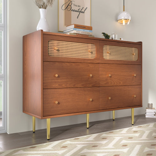UK Local Rattan Sideboard Cabinet For Living Room, Chest Of Drawers With 6 Drawers, Walnut -40D X 120W X 90H Centimetres
