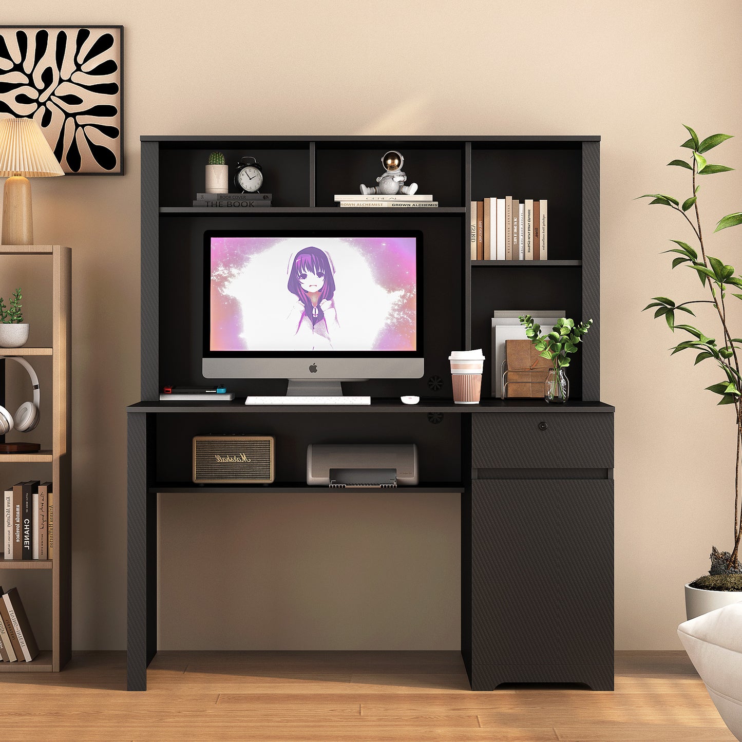 US Local Computer Desk With Hutch & Bookshelf,Wood Executive Desk Teens Student Desk Writing Laptop Home Office Desk With Drawers,3 AC Outlets And 2 USB Charging Ports,Study Laptop Table For Home