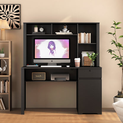 US Local Computer Desk With Hutch & Bookshelf,Wood Executive Desk Teens Student Desk Writing Laptop Home Office Desk With Drawers,3 AC Outlets And 2 USB Charging Ports,Study Laptop Table For Home