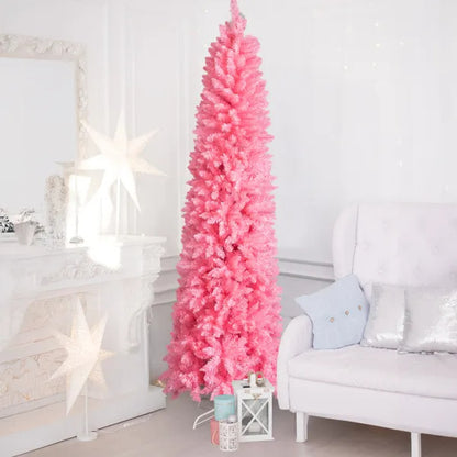 US Local 7.5 FT Hinged Christmas Tree, Artificial Pencil Christmas Tree, Unlit Artificial Christmas Pine Tree With 1075 Branch Tips And Sturdy Stand, Pink