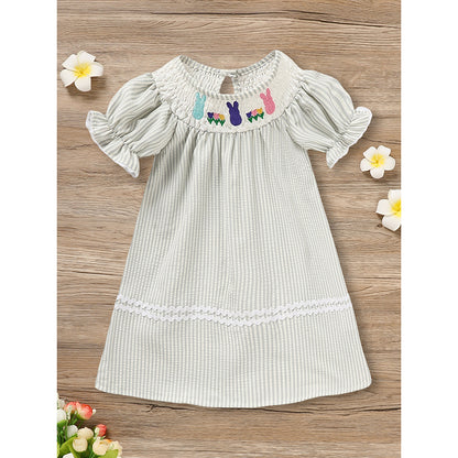 US Local Infant Baby Girls' Easter Bunny Smocked Dress Embroidered Short Sleeve Casual Summer Dress