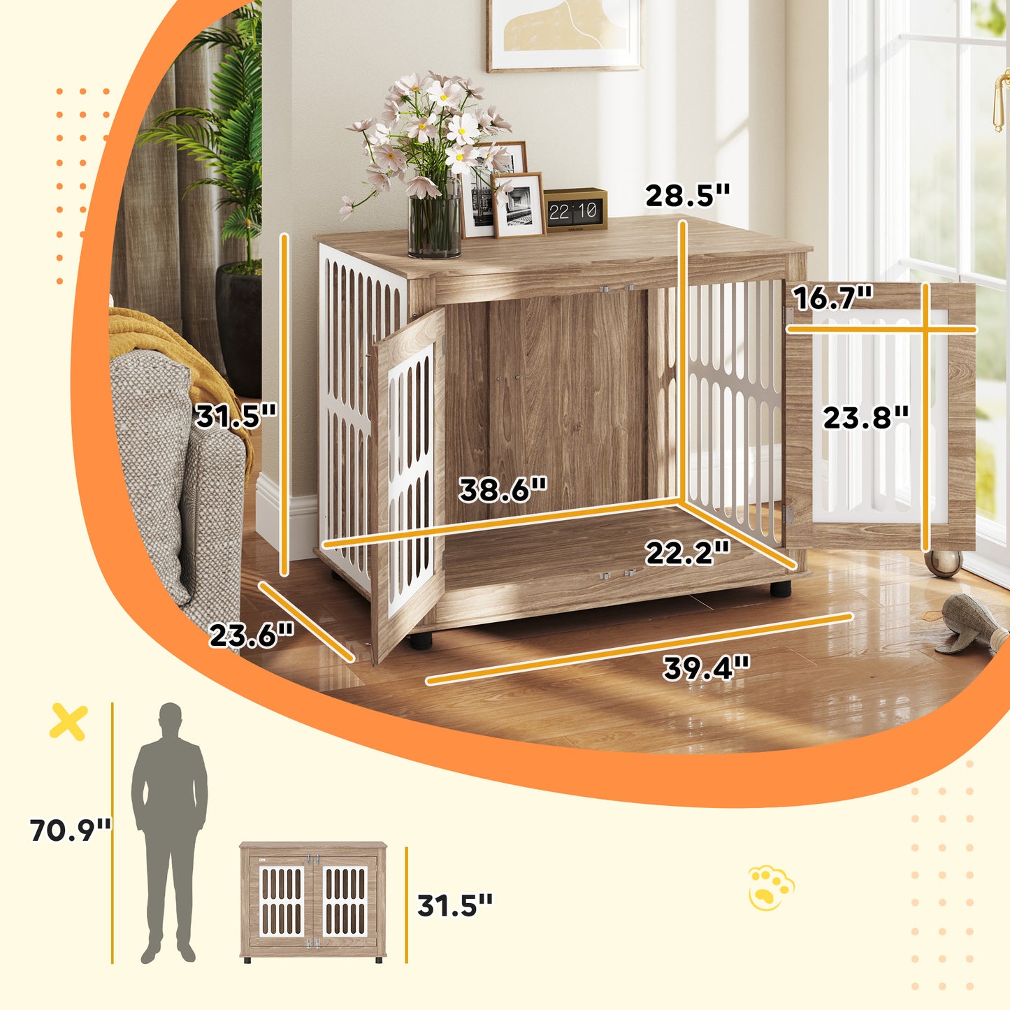 US Local 39 Dog Crate Furniture With 2 Doors, Adjustable Non-slip Foot Mats, For Large Dogs, Walnut Brown
