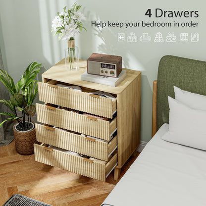 US Local 4 Drawer Double Dresser For Bedroom, Fluted Chest Of Drawers With Gold Finger Pulls And 4 Wood Legs, Natural Wood