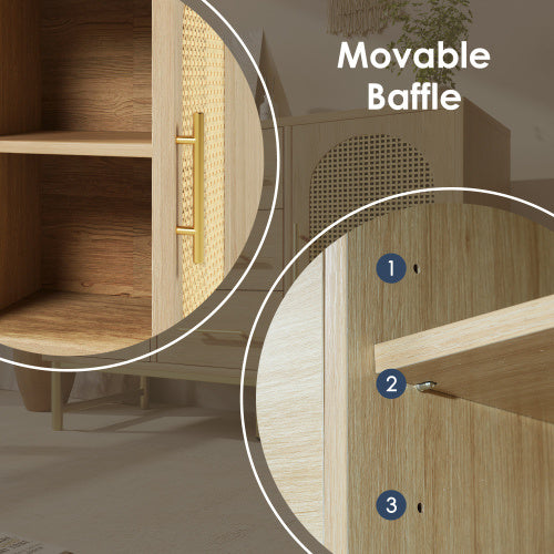 UK Local Rattan Sideboard Storage Cabinet With 2 Doors 3 Drawers, Storage Cabinet For Living Room, Bedroom, And Hallway, Metal Handles, Adjustable Shelves, Anti-Tip, 120 X 40 X 74 Cm, Oak