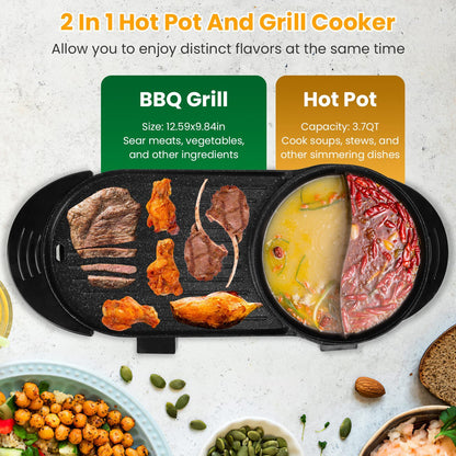 US Local 2200W  2 In 1 Electric Hot Pot With BBQ Grill Cooker Smokeless Non-Stick Korean BBQ Grill Shabu Shabu Hot Pot With Independent Temperature Control 5 Gears Firepower For 2-10 People