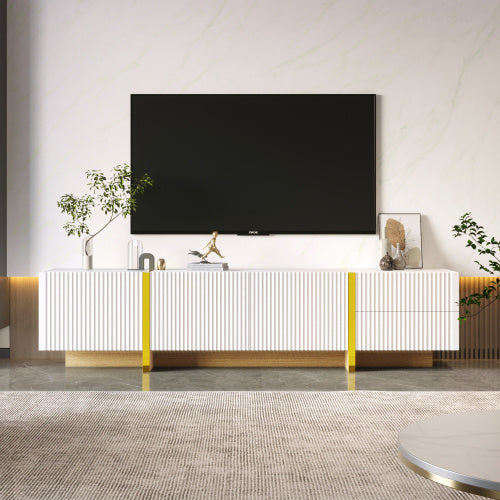 UK Local 190 Cm TV Cabinet, 3 Doors, 2 Drawers, White With Gold And Wood Grain